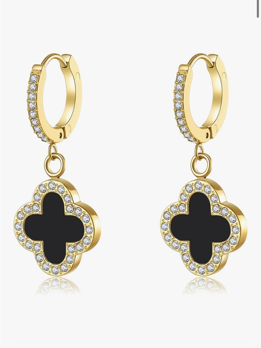 18k Gold Plated & Black Clover Drop Earrings
